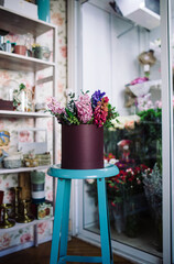 Fototapeta na wymiar colorful bouquet of hyacinth indoor in flower shop