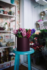 Fototapeta na wymiar colorful bouquet of hyacinth indoor in flower shop