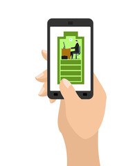 Full battery on smartphone. Charged accumulator. Manager at work. Businessman sitting at table. Working on computer