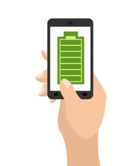Full charge of smartphone battery. Green accumulator. Hand hold phone