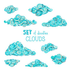 Vector set of doodles clouds.