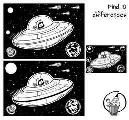 UFO with an alien flying in space. Find 10 differences. Educational game for children. Black and white cartoon vector illustration