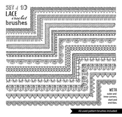 Vector set of 10 doodles lace knitting seamless brushes.