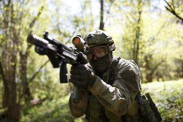 Fototapeta premium Russian soldier with on combat mission