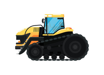 Crawler agriculture tractor isolated vector illustration. Rural industrial farm equipment machinery, comercial transport, agricultural vehicle in flat design