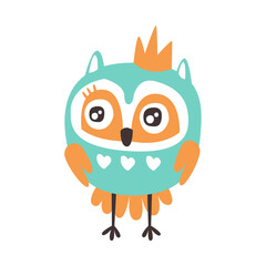 Cute cartoon owl bird with crown colorful character vector Illustration