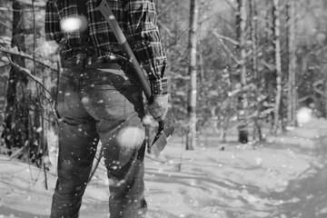 monochrome landscape man with axe