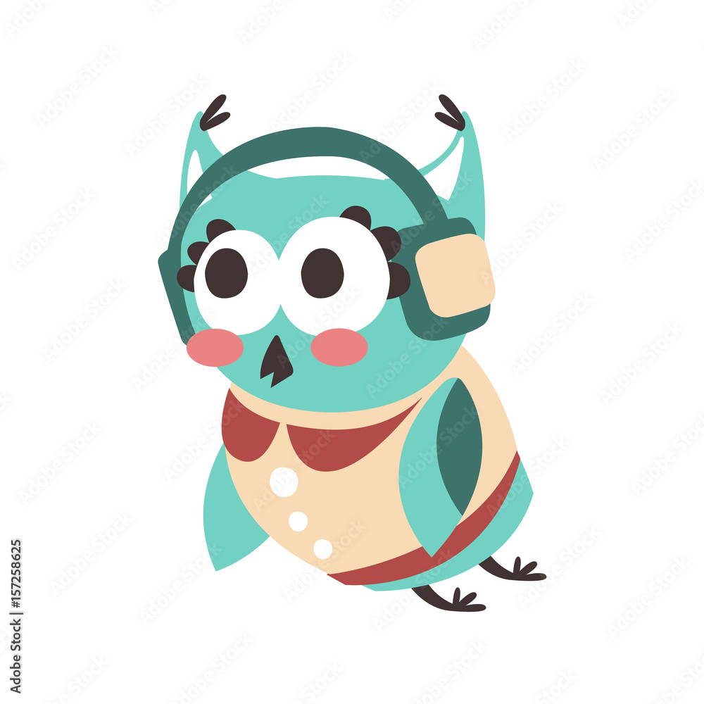 Canvas Prints Cute cartoon owl bird listening music in headphones colorful character vector Illustration