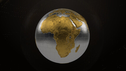 3d rendered metal globe with continents. High detailed metallic globe.
Displacement reflective surface. Abstract Earth background concept.