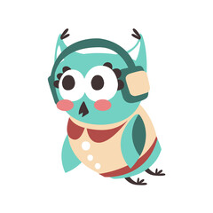 Cute cartoon owl bird listening music in headphones colorful character vector Illustration