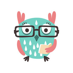 Cartoon owl bird in eyeglasses holding a book colorful character vector Illustration