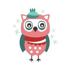 Cute cartoon owl bird in a hat and scarf colorful character vector Illustration