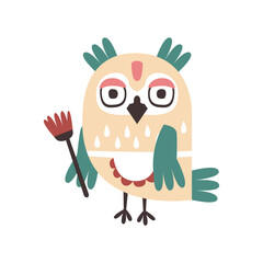 Cute cartoon owl bird holding flower colorful character vector Illustration