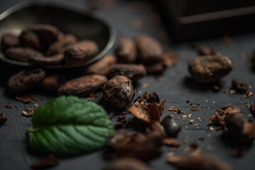 close up of cocoa beans with mint leaf on dark tabletop