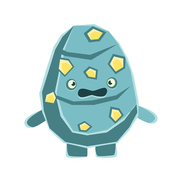 Cute dissatisfied blue rock element with yellow blotches. Cartoon emotions character vector Illustration