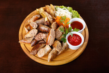 Assorted sausages with sauce