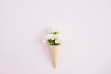 Waffle cone with white carnation bouquet on pale pastel pink background. Flat lay, top view