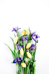 Beautiful flowers bouquet on white background. Flat lay, top view. Floral composition