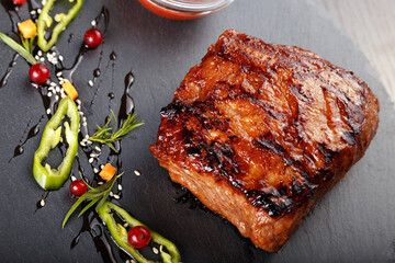 Steak on slate blackboard