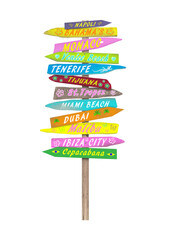 bright colorful wooden directional beach signs with text on pole, isolated on white background.