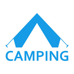 Icono plano CAMPING y tienda de camping azul en fondo blanco