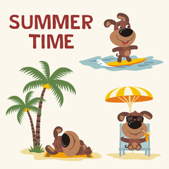 Summer time. Set happy puppy dog resting on beach. Collection cartoon puppy dog surfing, laying under palm tree, resting in recliner with cocktail.