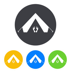 Icono plano tienda de camping con pies en circulo varios colores