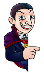 Fototapeta premium Cartoon Halloween Vampire Pointing at Sign