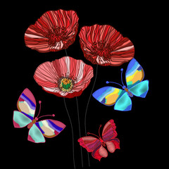 Embroidered poppy flowers and colorful butterflies to decorate clothes, vector illustration