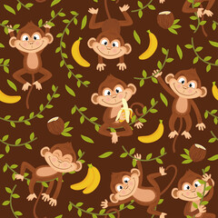 seamless pattern with monkey on brown background - vector illustration, eps