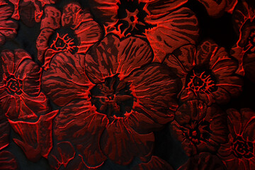 Close up of scarlet red flowers pattern on jacquard fabric