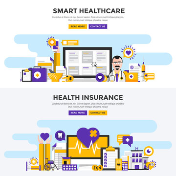 Flat design concept banners - Smart Healthcare and Health Insurance