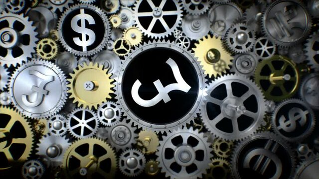 Rotating Pound sign in gear unit with various currency sign. 
