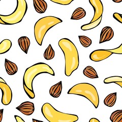 Potato Chips and Almond Seamless Fast food Pattern. Realistic Vector Illustration Isolated On a White Background Doodle Cartoon Hand Drawn Vintage Hipster Style Sketch.