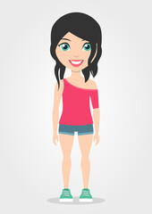 Standing vector girl in blouse, shorts and shoes  isolated on white background. Woman figure template for your illustration. Character design