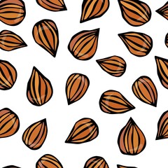 Almond Nuts Seamless. Realistic Vector Illustration Isolated Hand Drawn Doodle or Cartoon Style Sketch. Food Pattern.