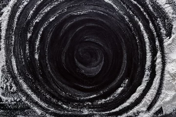 Fotobehang Baking concept on black background, sprinkled flour with copy space © Prostock-studio