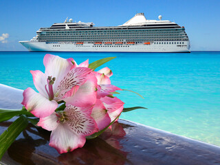 Pink Alstroemeria flower on wood. Cruise ship in background.
Summer, romantic and luxury vacation...