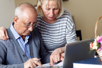 Senior couple checking their bills at home