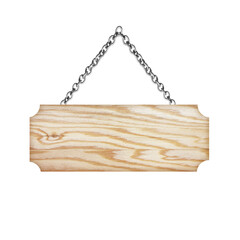 Wooden sign hanging on a chain isolated on white background