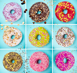 Donuts glazed with sprinkles on pastel blue background.