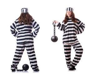 Prisoner in striped uniform on white