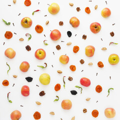 Fruit pattern of apples on a white background. Food background. Food collage of red apples, nuts and dried fruits: dried apricots, prunes.
