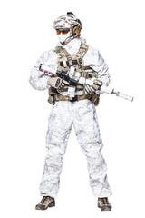 Special forces operator of Navy Seals armed with assault rifle with closed face in polarized...