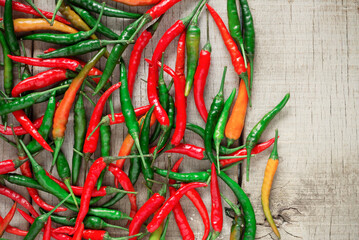Fresh chilies on wooden floor.