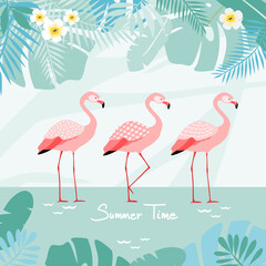 Obraz premium Flamingos with tropical background, vector illustration