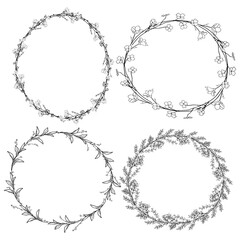 Doodle Wreaths with Branches, Herbs, Plants and Flowers