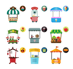 Set of stylized illustrations of promo stands and various promotional and sales objects. Collection of objects for external usage such as movable and fixed market stalls.