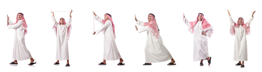 Arab man pushing virtual obstacle on white