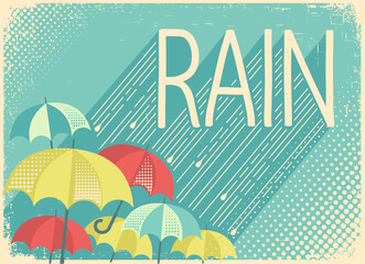 Rain poster background with stylish text and umbrellas